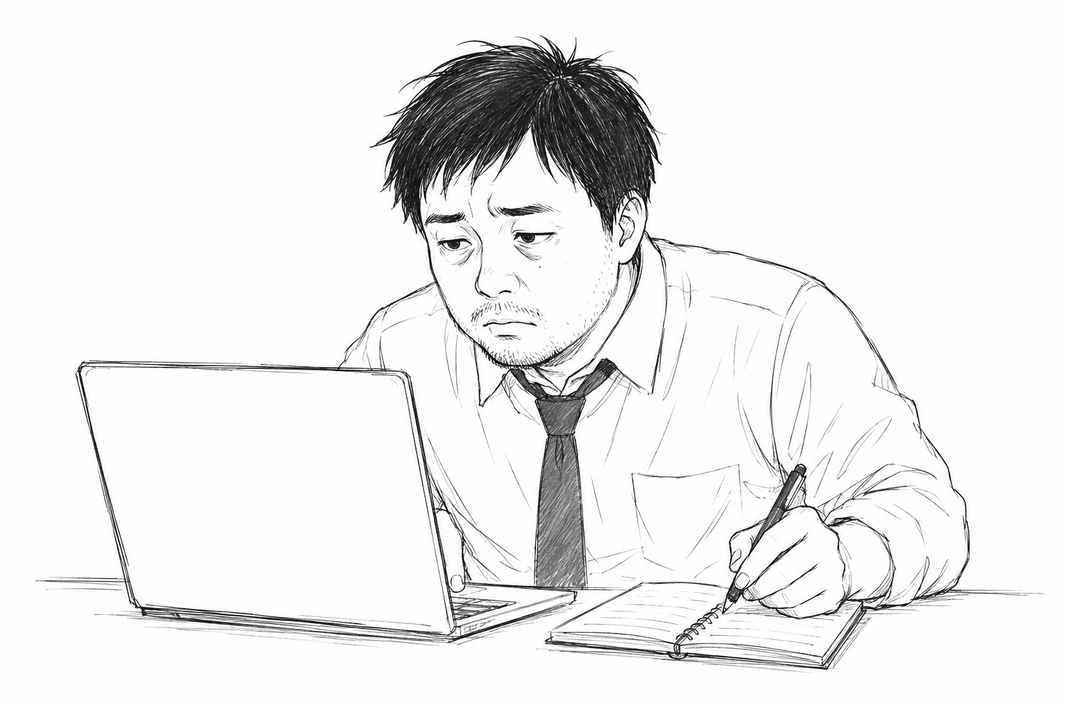 パソコンの画面を真剣に見ているオカノ／メモ書き