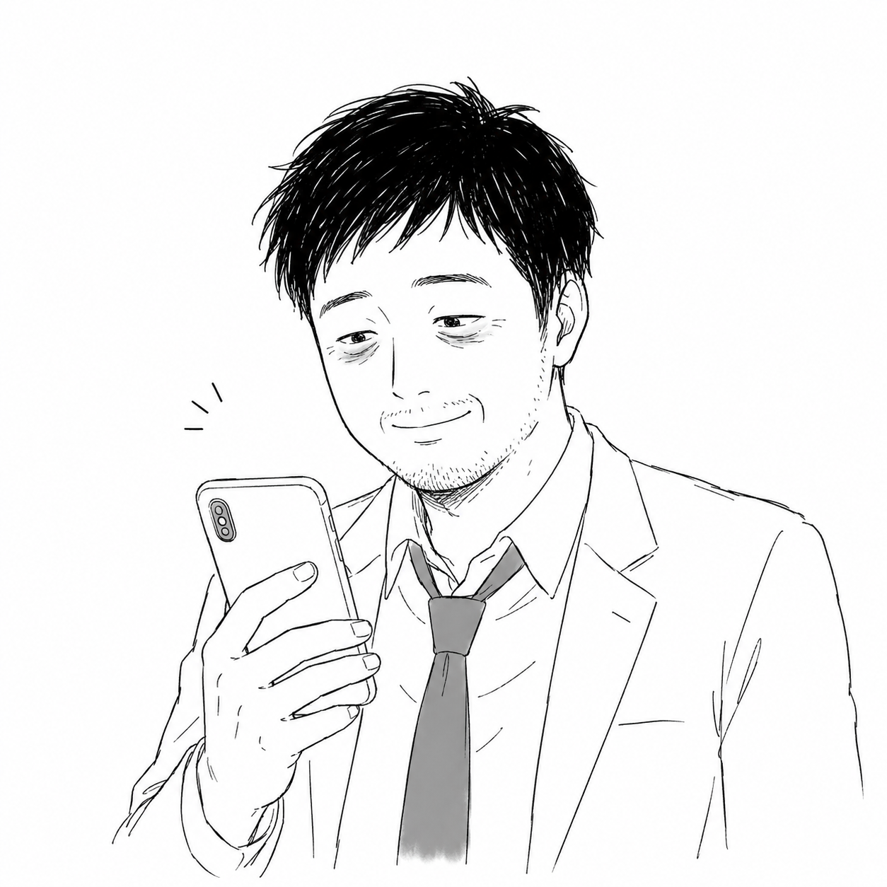 少し笑っているオカノ／スマホをのぞき込む