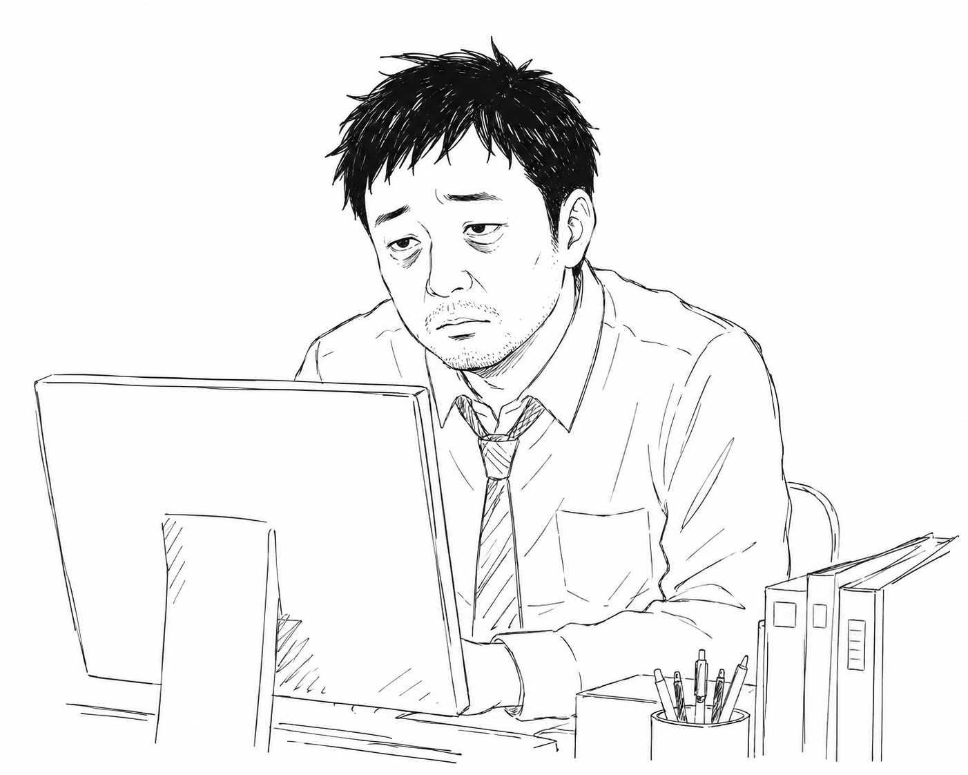 仕事中、疲れた顔のオカノ／店内のデスク