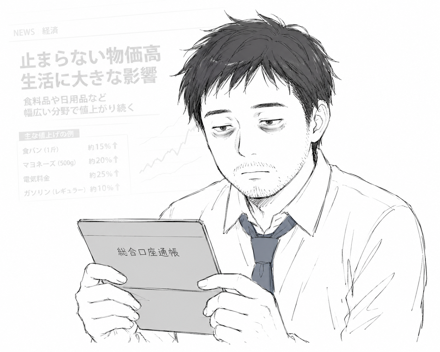 通帳を見て無表情のオカノ／背景にうっすら物価高のニュース