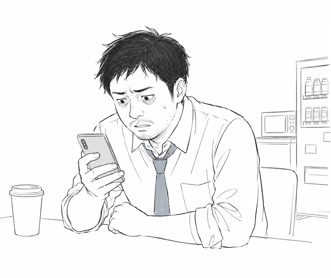 休憩室でスマホを見つめるオカノ／落ち着かない目